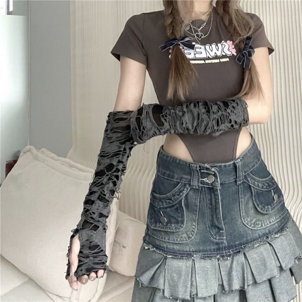 Fingerless Glove Knit - Sarung Tangan Punk Panjang Gaya Distressed